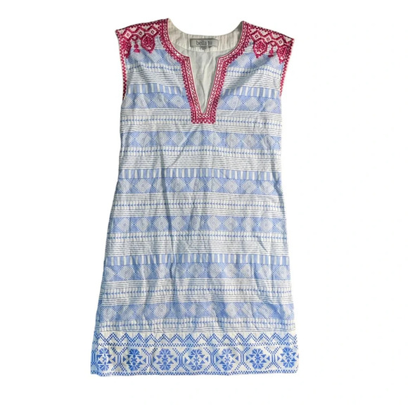 Bella Tu Embellished Embroidered Boho Dress Size XS Blue White Pink Preppy - Picture 3 of 9